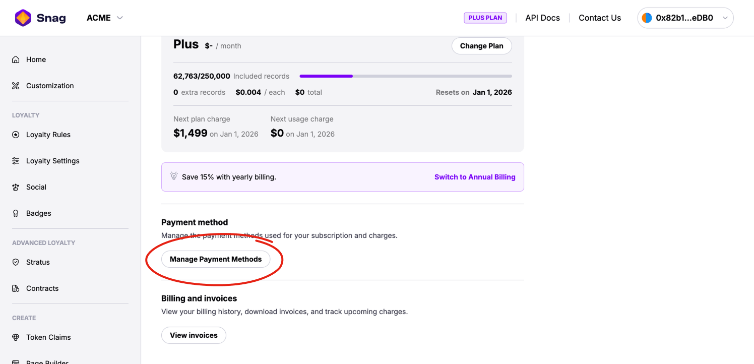 Manage Payment Methods button in the Snag admin Manage Plan tab