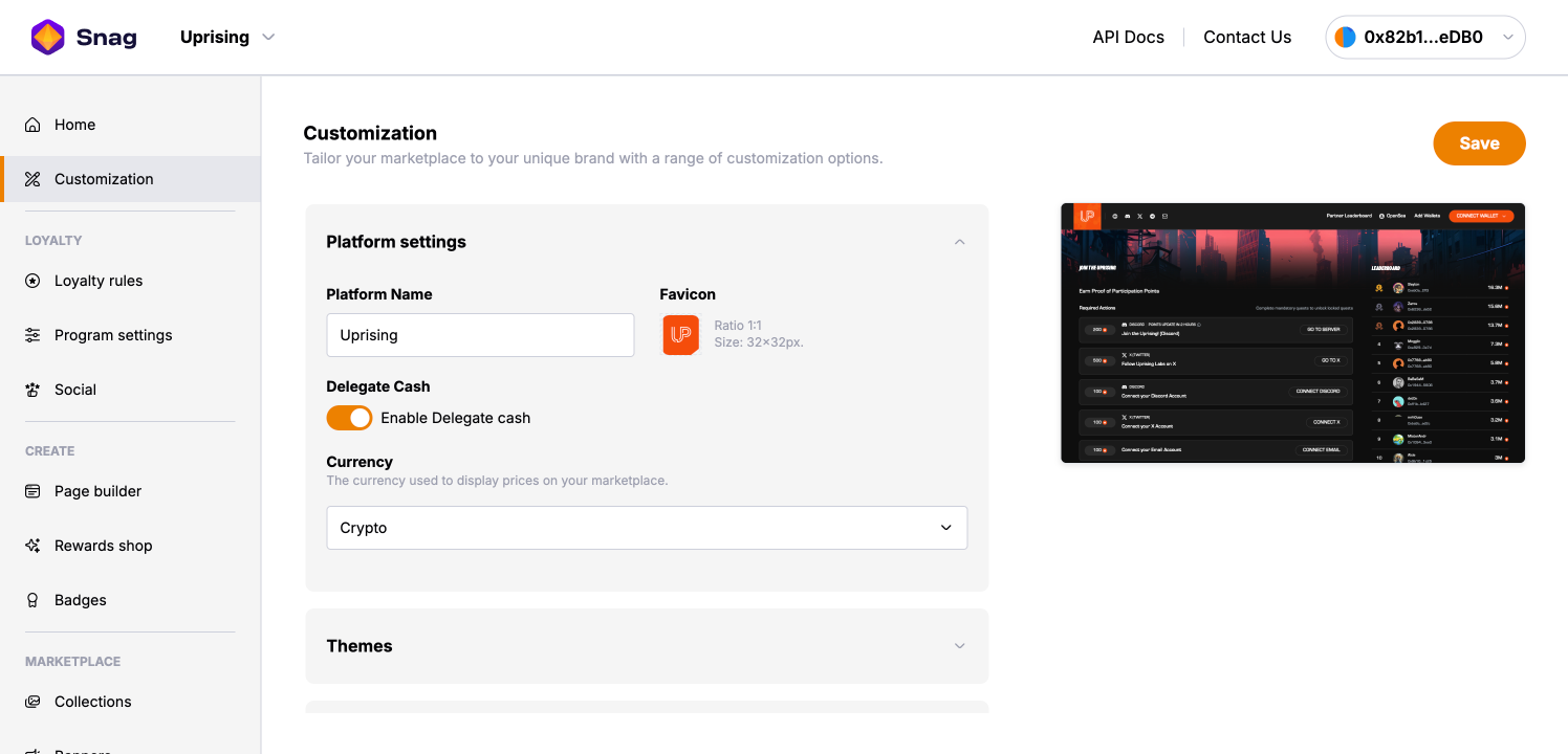 Snag admin platform settings with name, favicon, and currency options