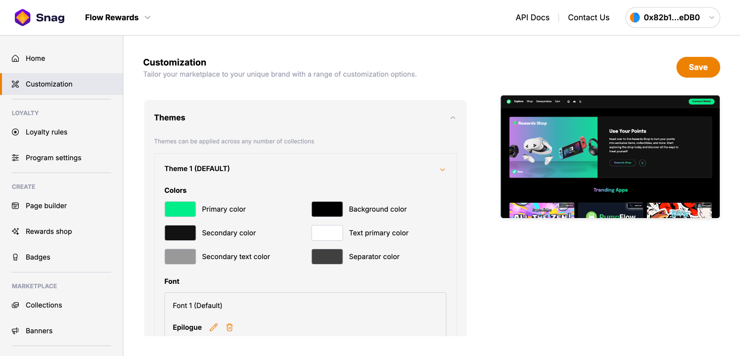 Snag admin theme settings with color pickers and font configuration