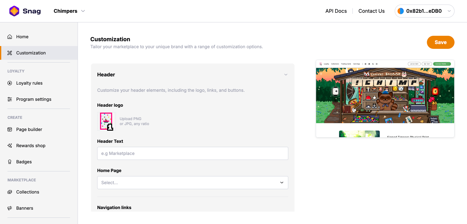 Snag admin header settings with logo, navigation links, and social links